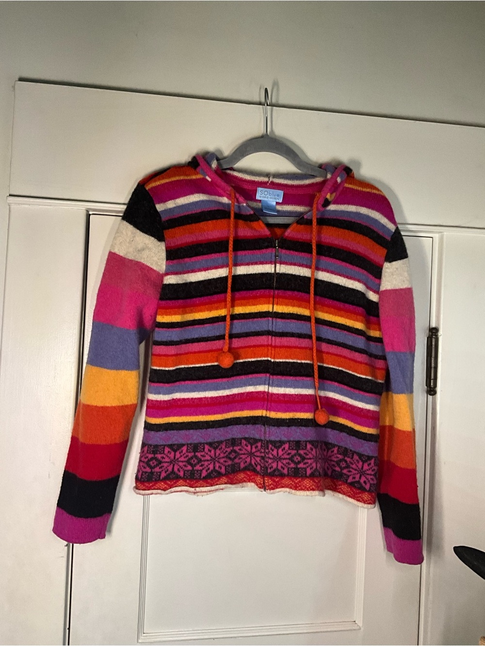 Vintage Sigrid Olsen 100% Lambs Wool Striped Zip Hooded Sweater